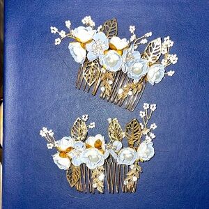 Vintage wedding bridal spray flower with faux pearls goldtone hair clips